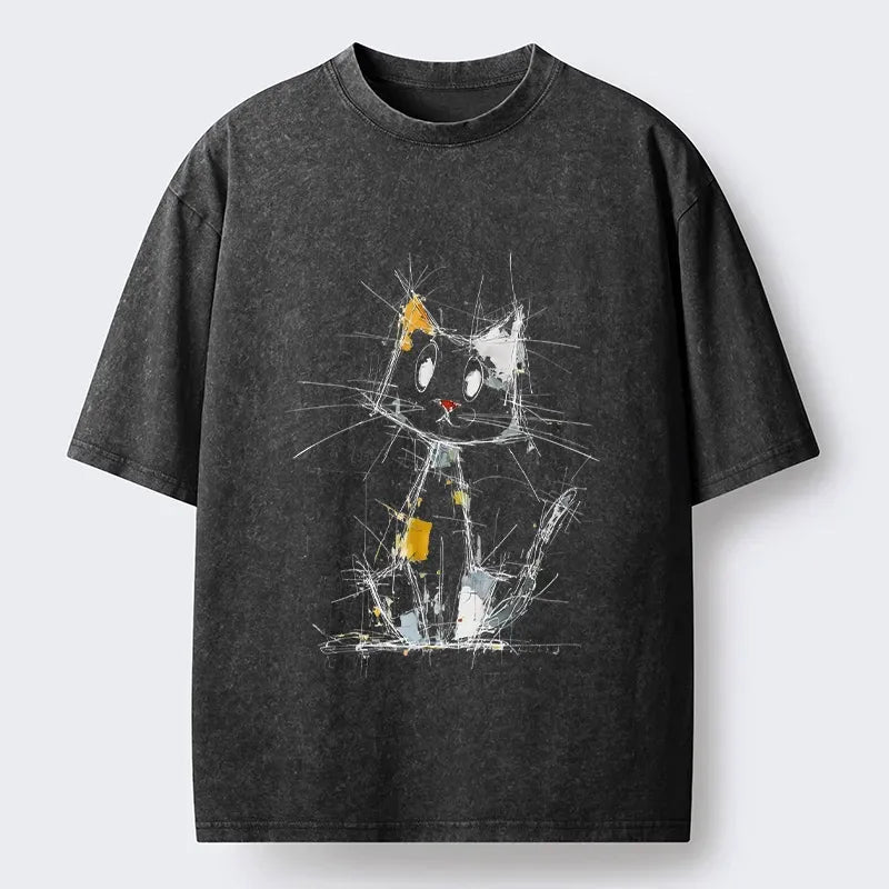 Kyoto-Lion Minimal Splash Ink Cute Cat Washed T-Shirt
