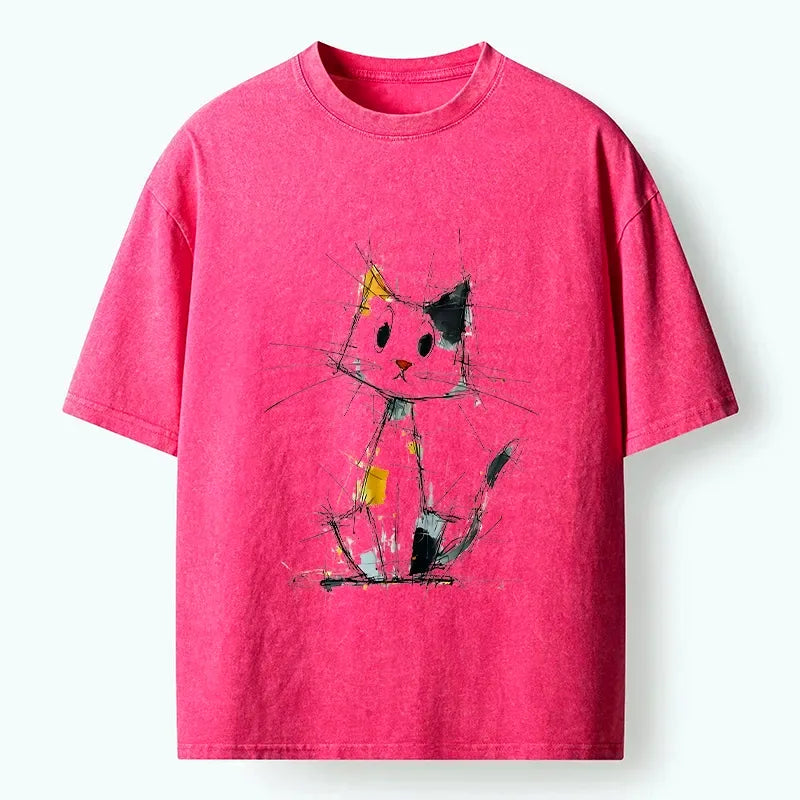 Kyoto-Lion Minimal Splash Ink Cute Cat Washed T-Shirt