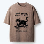 Kyoto-Lion Black Cat Skating Away From Sanity Washed T-Shirt