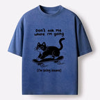 Kyoto-Lion Black Cat Skating Away From Sanity Washed T-Shirt