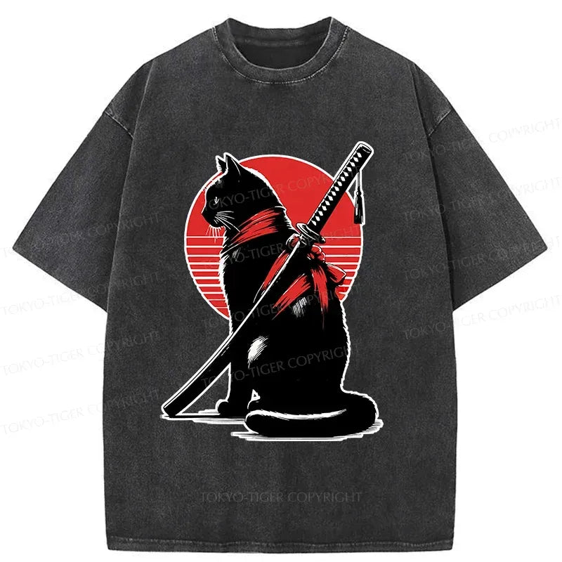 Japanese Cat Ninja Washed T-Shirt