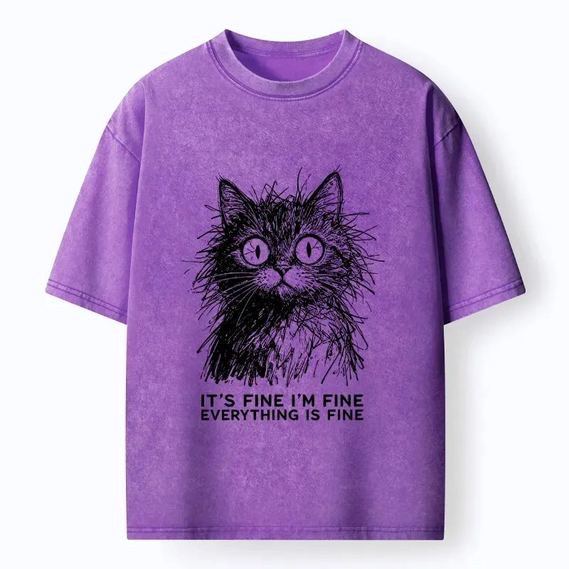Kyoto-Lion Fluffy Wild Cat Calm Fake Mood Washed T-Shirt