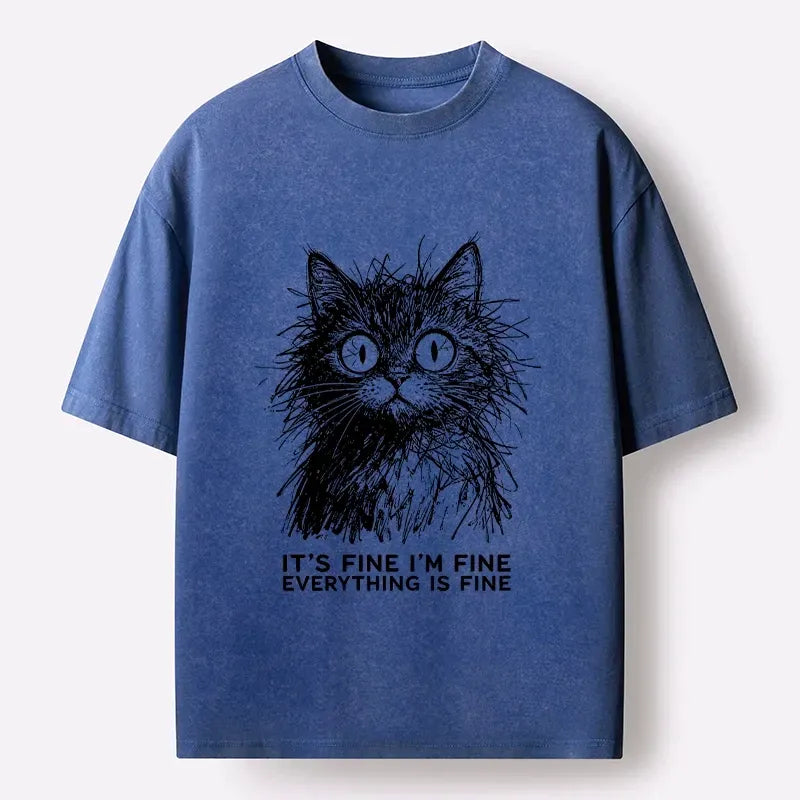 Trendy Japanese Cat Washed T-Shirt