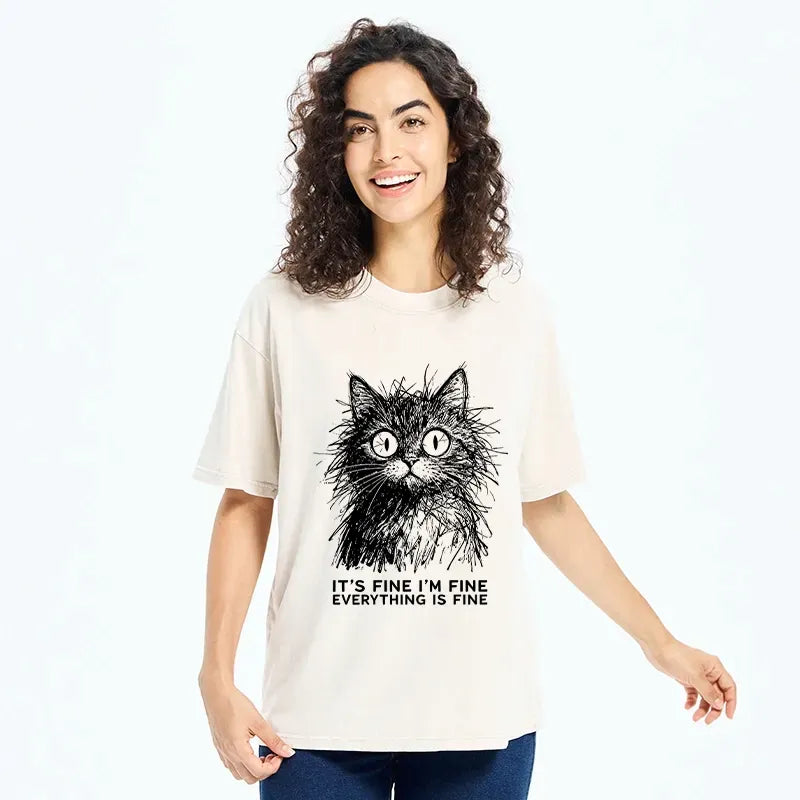 Trendy Japanese Cat Washed T-Shirt