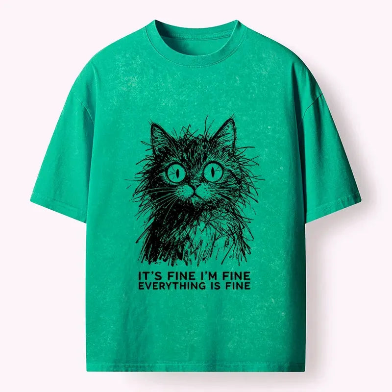 Kyoto-Lion Fluffy Wild Cat Calm Fake Mood Washed T-Shirt