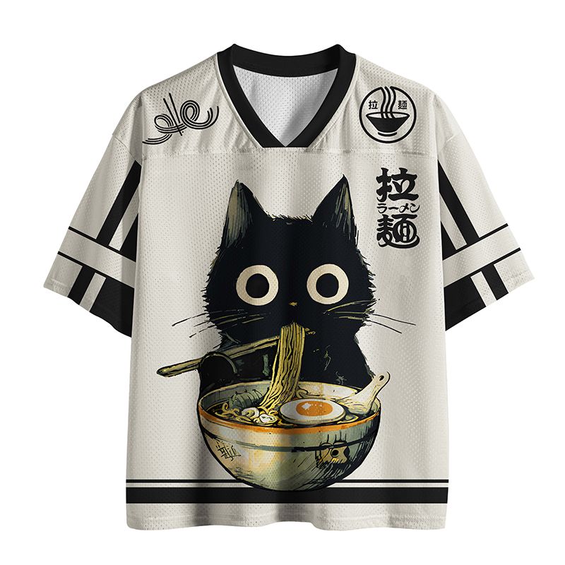Kyoto-Lion Cute Black Cat Eating Ramen Japan Mesh Jersey