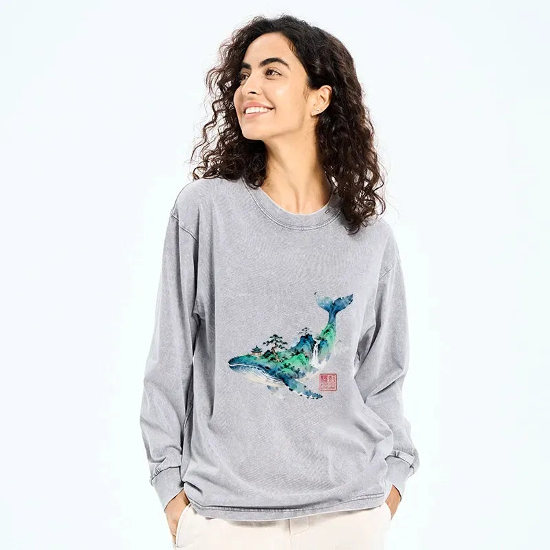 Kyoto-Lion Whale Ink Painting Landscape Washed Long Sleeve T-Shirt