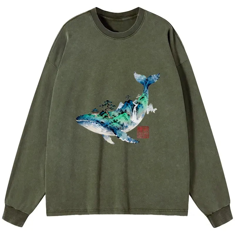 Kyoto-Lion Whale Ink Painting Landscape Washed Long Sleeve T-Shirt