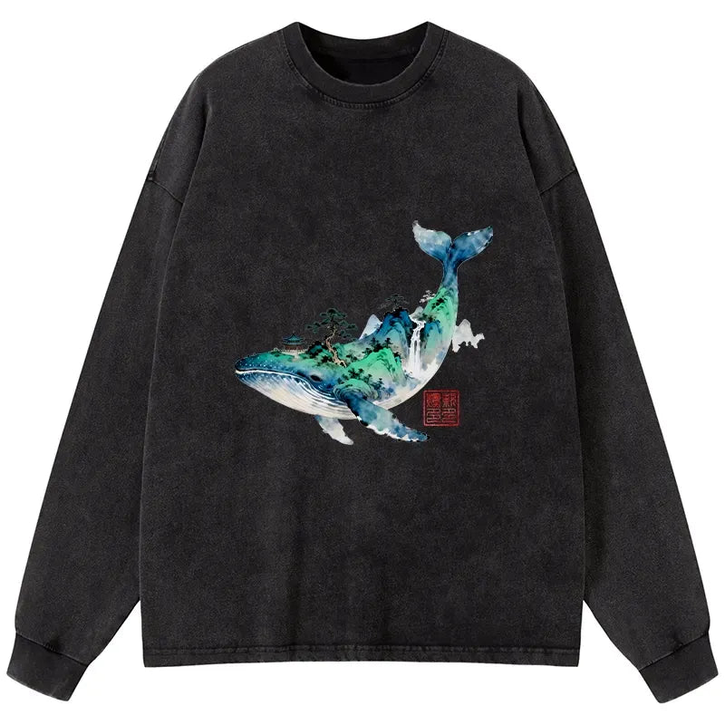 Japanese whale ink painting long sleeve tee