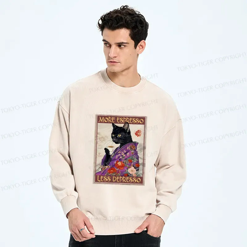 Washed Cat Coffee Sweatshirt for Daily Wear