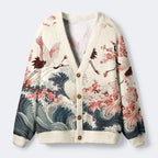 Kyoto-Lion Cranes Dancing On The Waves Ugly Cardigan Sweater