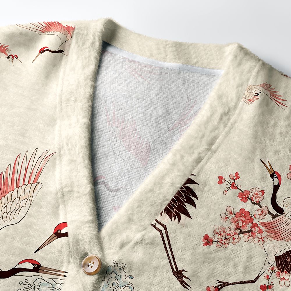 Kyoto-Lion Cranes Dancing On The Waves Ugly Cardigan Sweater