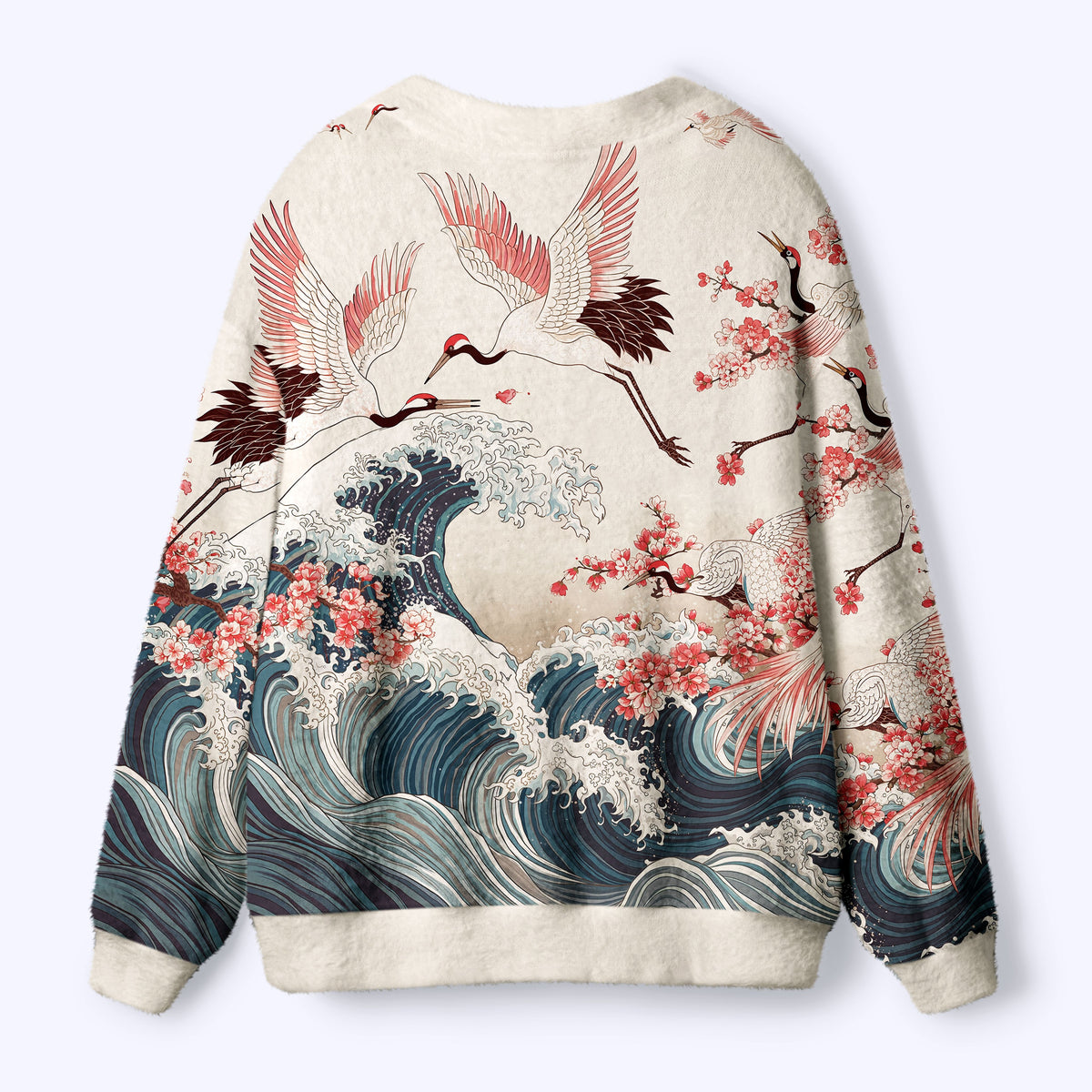 Kyoto-Lion Cranes Dancing On The Waves Ugly Cardigan Sweater