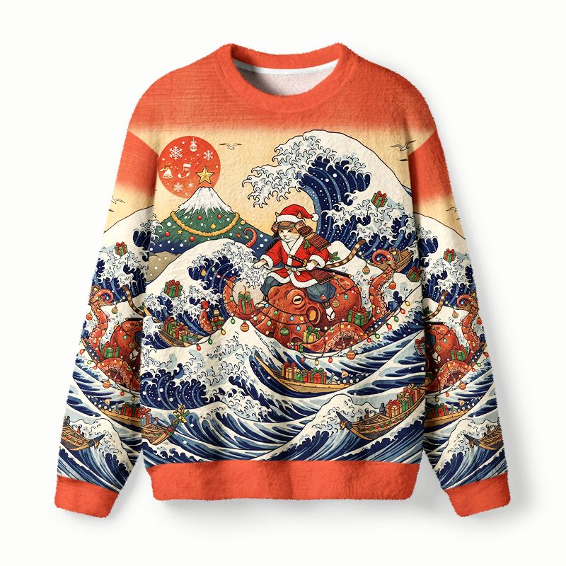 Kyoto-Lion Ukiyo-E Christmas Samurai Cat Riding Octopus Fuzzy Christmas Ugly Sweatshirt