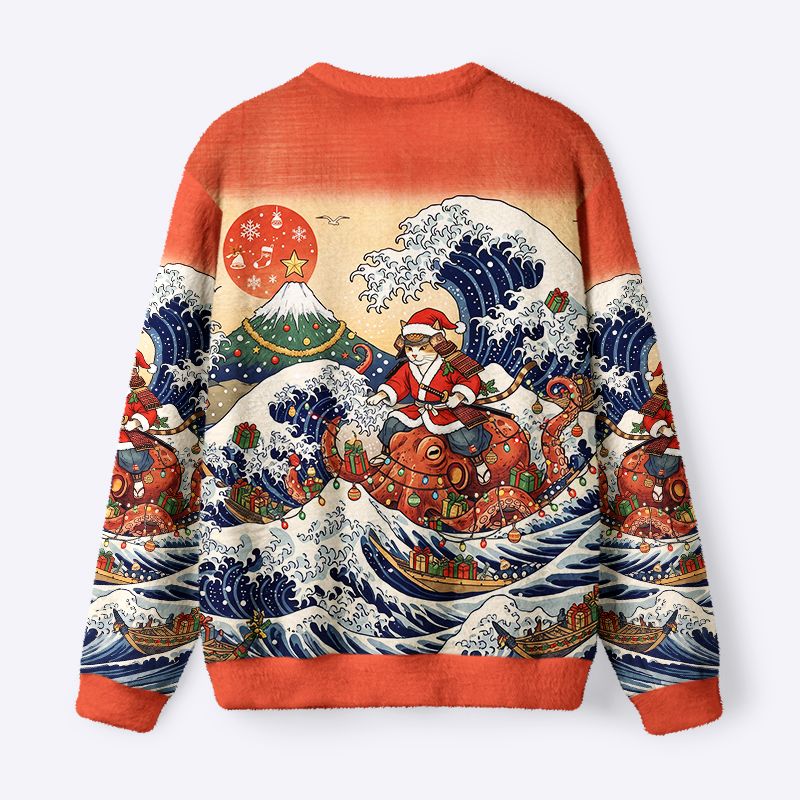 Kyoto-Lion Ukiyo-E Christmas Samurai Cat Riding Octopus Fuzzy Christmas Ugly Sweatshirt