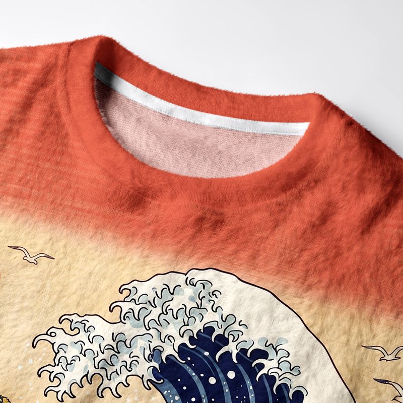 Kyoto-Lion Ukiyo-E Christmas Samurai Cat Riding Octopus Fuzzy Christmas Ugly Sweatshirt