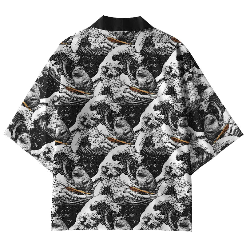 Kyoto-Lion Surfing Capybara Kimono Cardigan