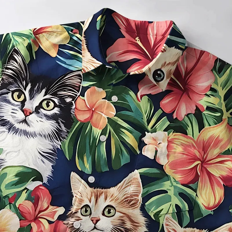 Kyoto-Lion Cats With Tropical Floral Button-up Shirt