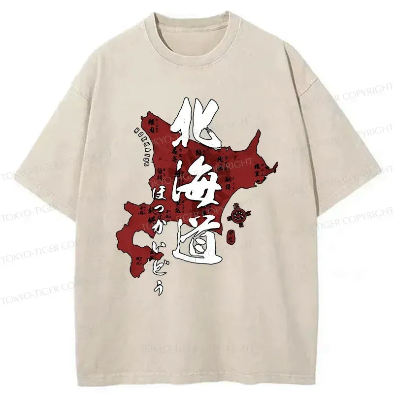 Kyoto-Lion Map Of Hokkaido Washed T-Shirt