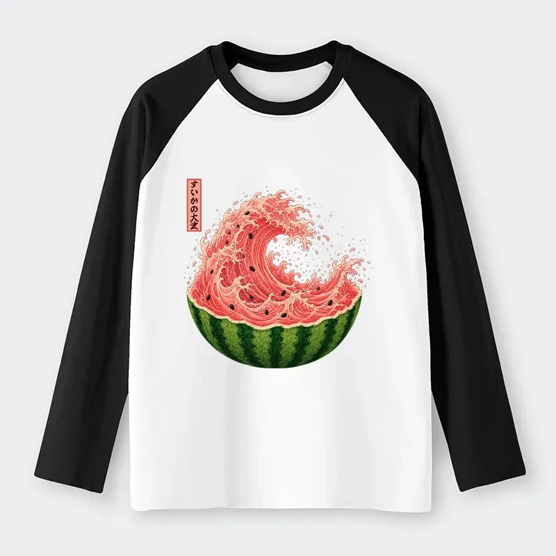 Kyoto-Lion Watermelon Wave Summer Ukiyo Art Raglan Long Sleeve T-shirt