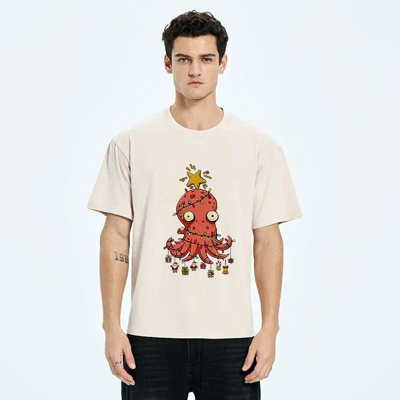 Kyoto-Lion Christmas Octopus Washed T-Shirt