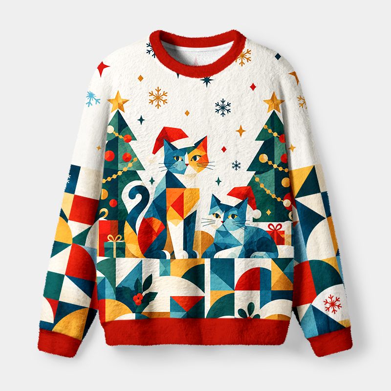 Kyoto-Lion Geometric Christmas Cute Cats Fuzzy Christmas Ugly Sweatshirt