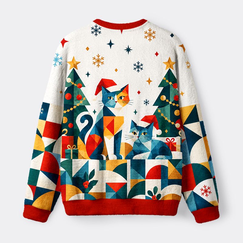 Kyoto-Lion Geometric Christmas Cute Cats Fuzzy Christmas Ugly Sweatshirt