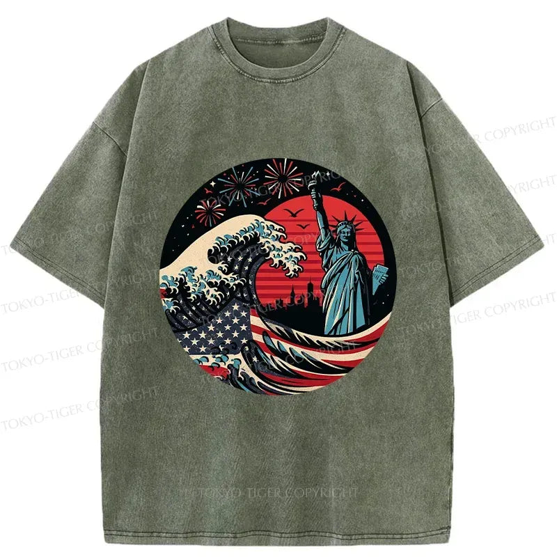 Kyoto-Lion Independence Day And Waves Washed T-Shirt