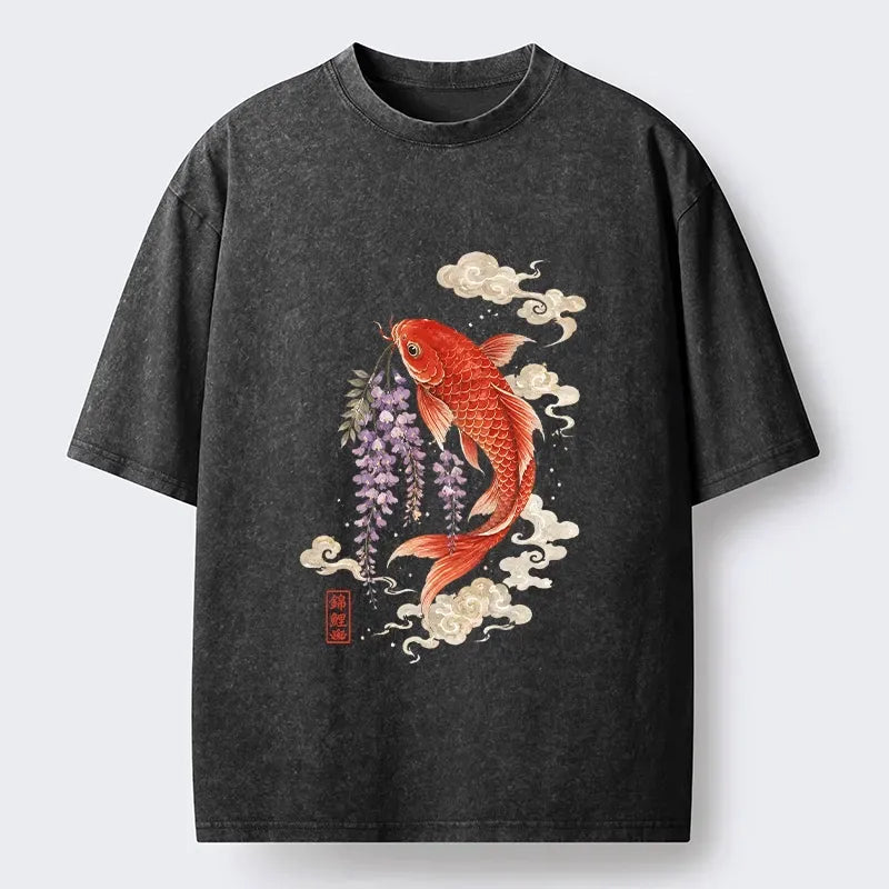 Kyoto-Lion Soft Cloud Koi Floral Graphic Print Washed T-Shirt