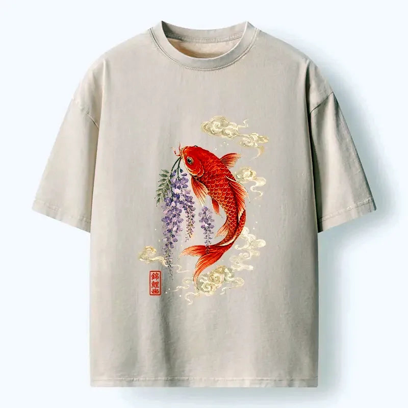 Kyoto-Lion Soft Cloud Koi Floral Graphic Print Washed T-Shirt