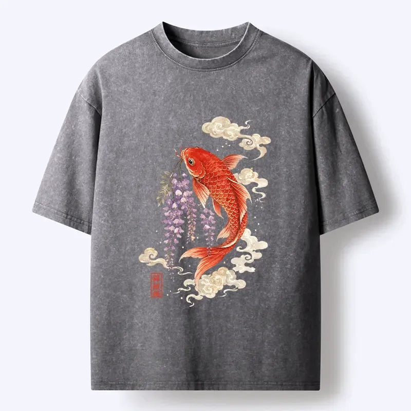 Kyoto-Lion Soft Cloud Koi Floral Graphic Print Washed T-Shirt