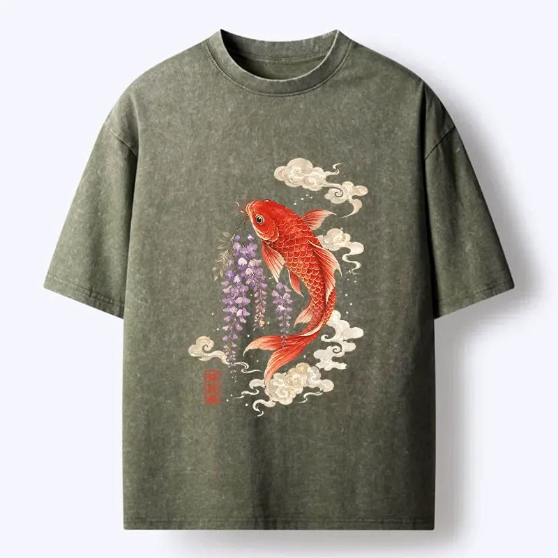 Kyoto-Lion Soft Cloud Koi Floral Graphic Print Washed T-Shirt