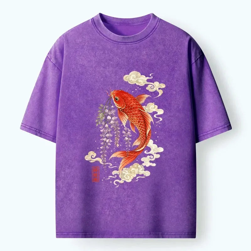 Kyoto-Lion Soft Cloud Koi Floral Graphic Print Washed T-Shirt