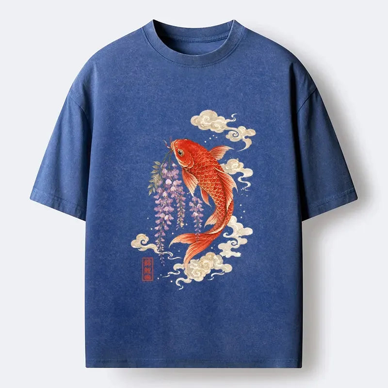 Kyoto-Lion Soft Cloud Koi Floral Graphic Print Washed T-Shirt