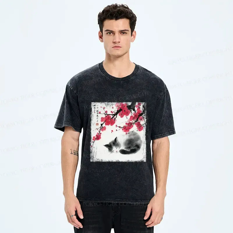 Kyoto-Lion Ink Wash Painting: A Cat Lying Flat Under The Tree Washed T-Shirt