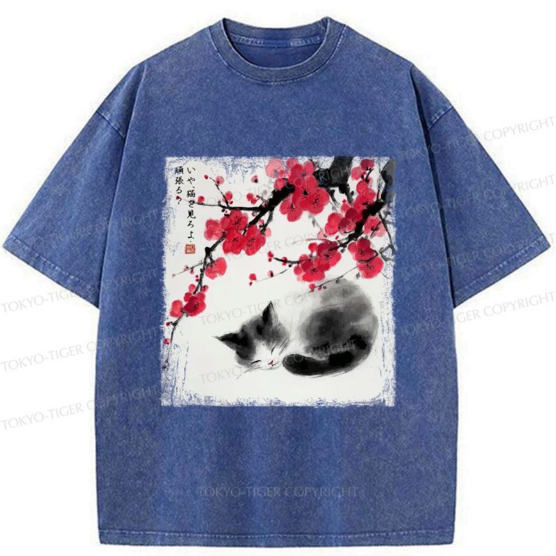 Kyoto-Lion Ink Wash Painting: A Cat Lying Flat Under The Tree Washed T-Shirt
