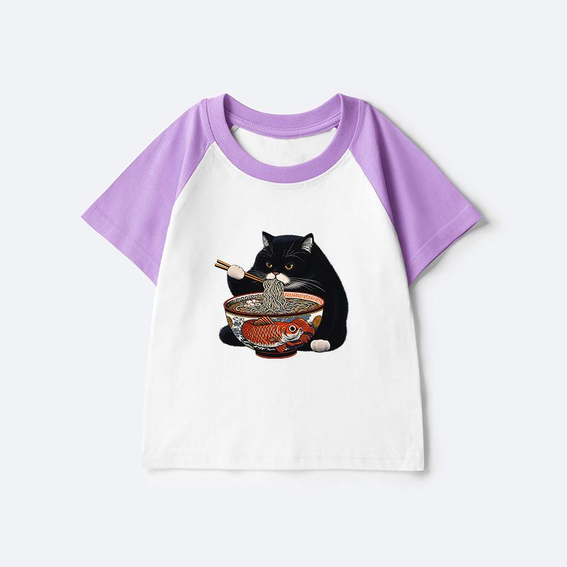 cute cat eating ramen raglan tee on sale