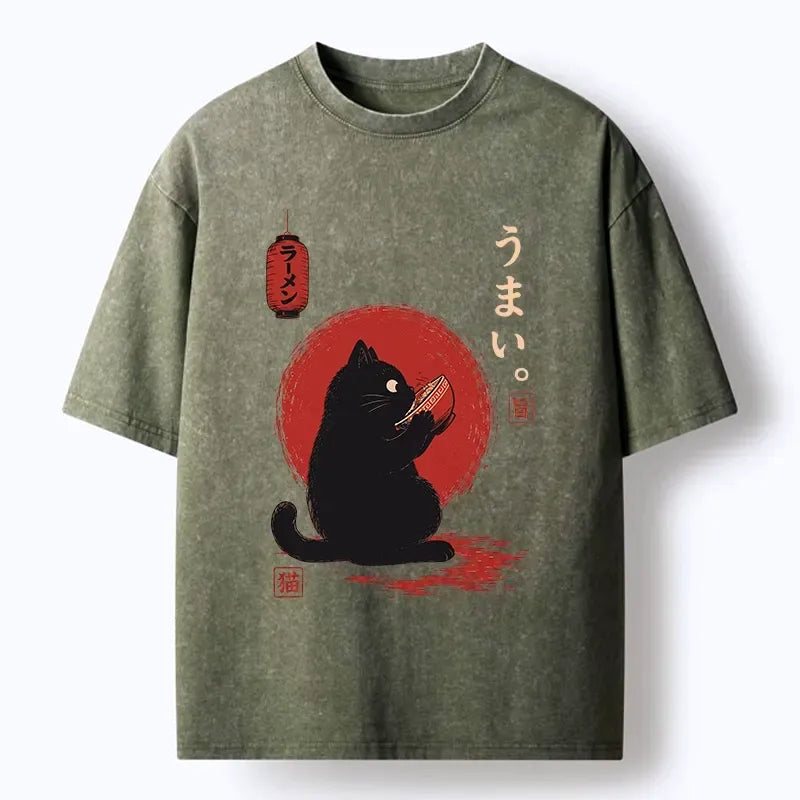 Kyoto-Lion Hungry Black Cat Loves Tasty Food Washed T-Shirt