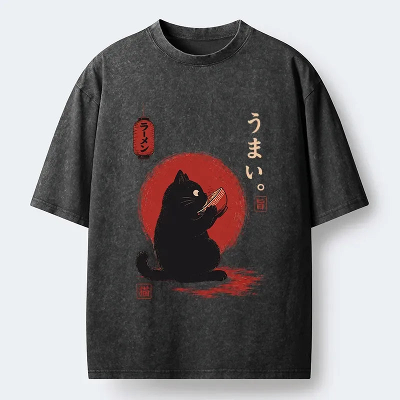 Kyoto-Lion Hungry Black Cat Loves Tasty Food Washed T-Shirt