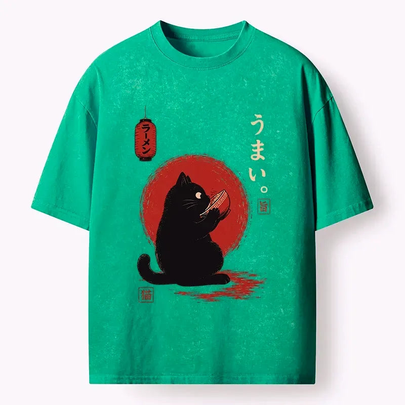 Kyoto-Lion Hungry Black Cat Loves Tasty Food Washed T-Shirt