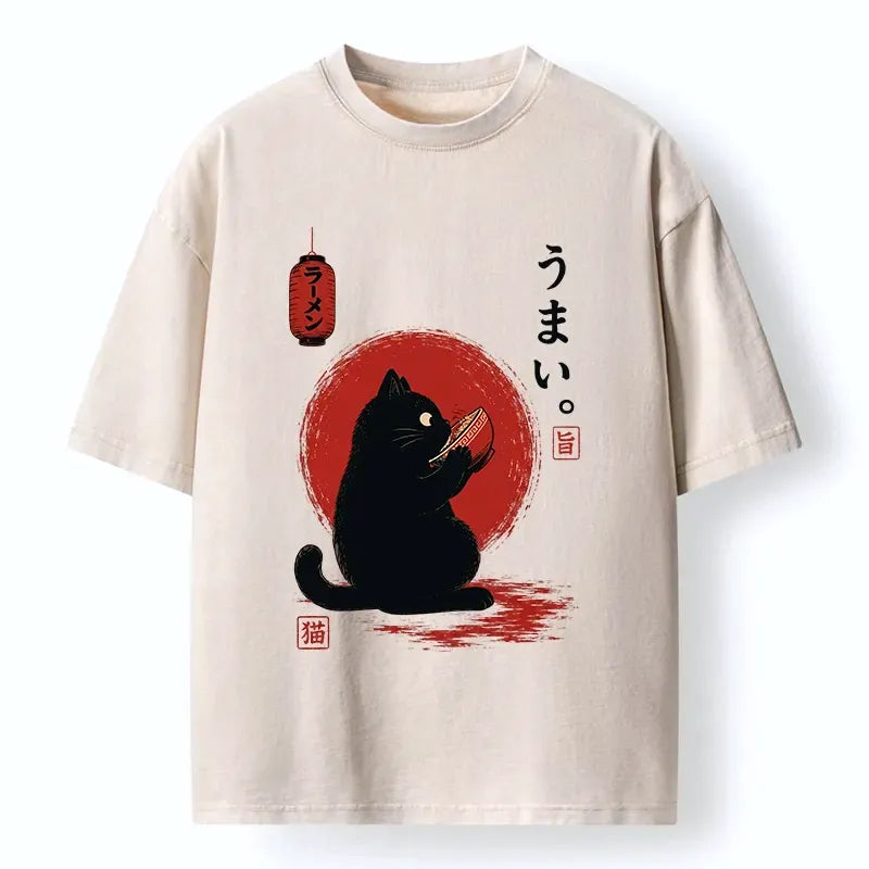 Kyoto-Lion Hungry Black Cat Loves Tasty Food Washed T-Shirt