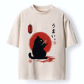 Kyoto-Lion Hungry Black Cat Loves Tasty Food Washed T-Shirt