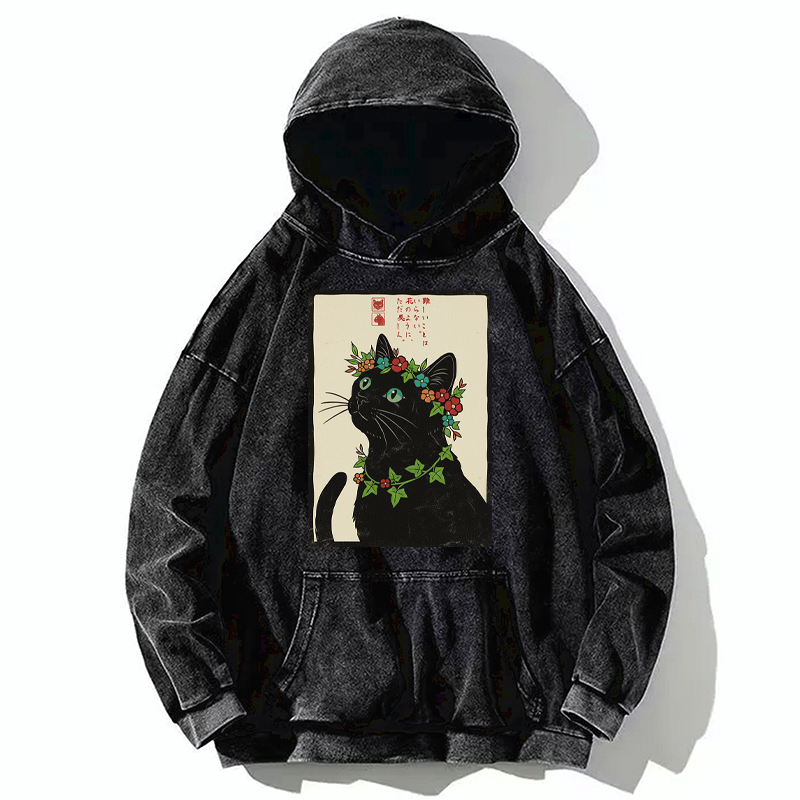 Kyoto-Lion The Flower-Crowned Cat Washed Hoodie
