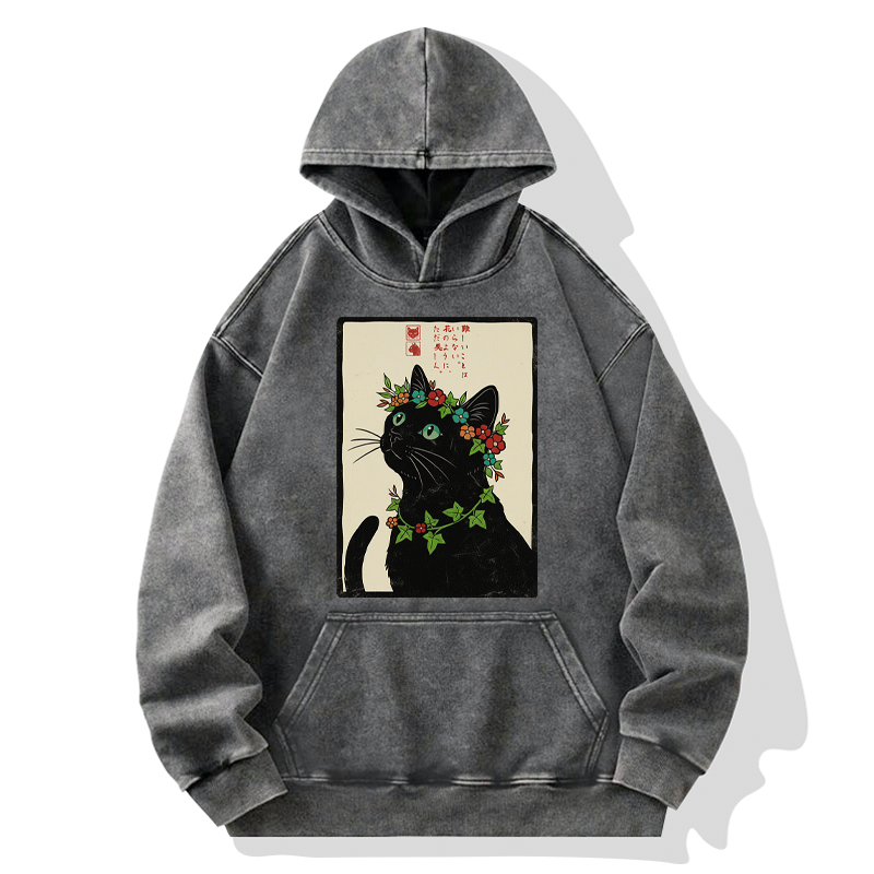 Kyoto-Lion The Flower-Crowned Cat Washed Hoodie