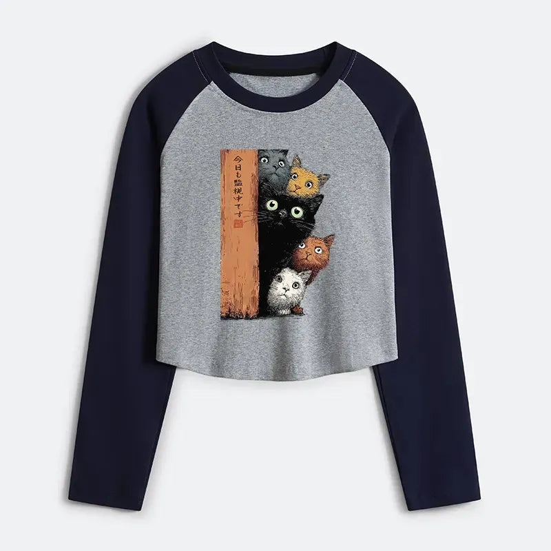 Kyoto-Lion Five Cats Are Watching You Women's Crop Raglan T-Shirt