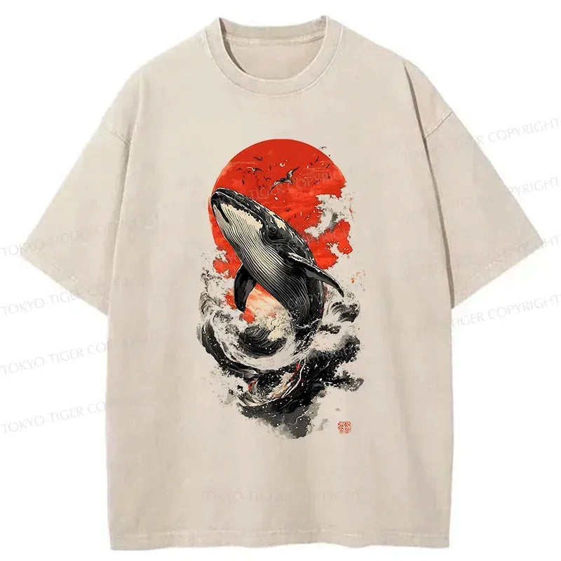 Japanese Ukiyo-e Whale Washed T-Shirt for Daily Wear