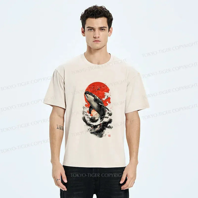 Vintage Kyoto-Lion Ukiyo-e Whale Shirt for Summer Vacation
