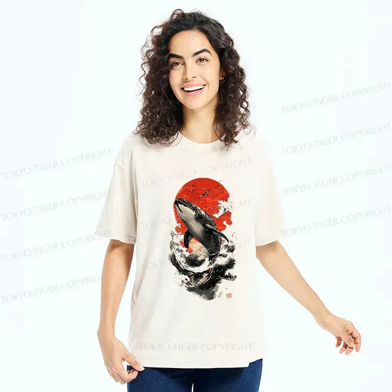 Vintage Kyoto-Lion Ukiyo-e Whale Shirt for Summer Vacation