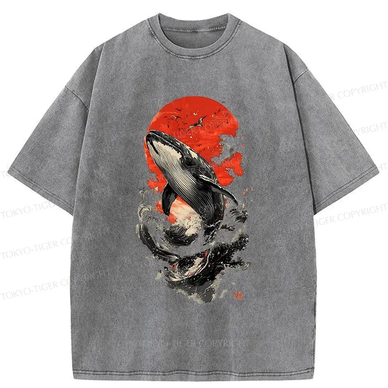 Kyoto-Lion Ukiyo-e Whale Washed T-Shirt