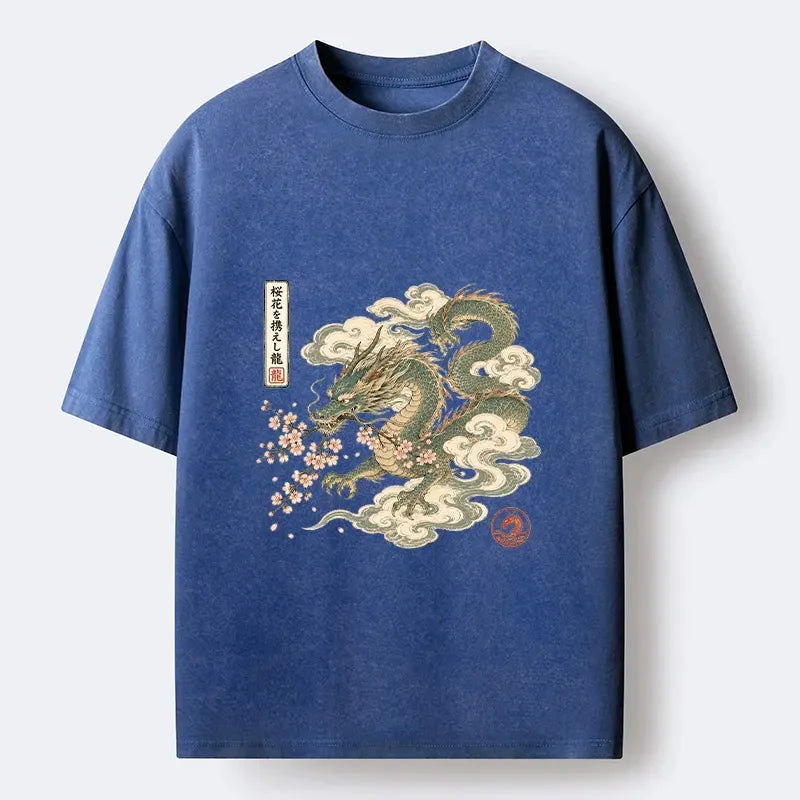 Kyoto-Lion Ancient Dragon Holds Pink Sakura Blooms Washed T-Shirt